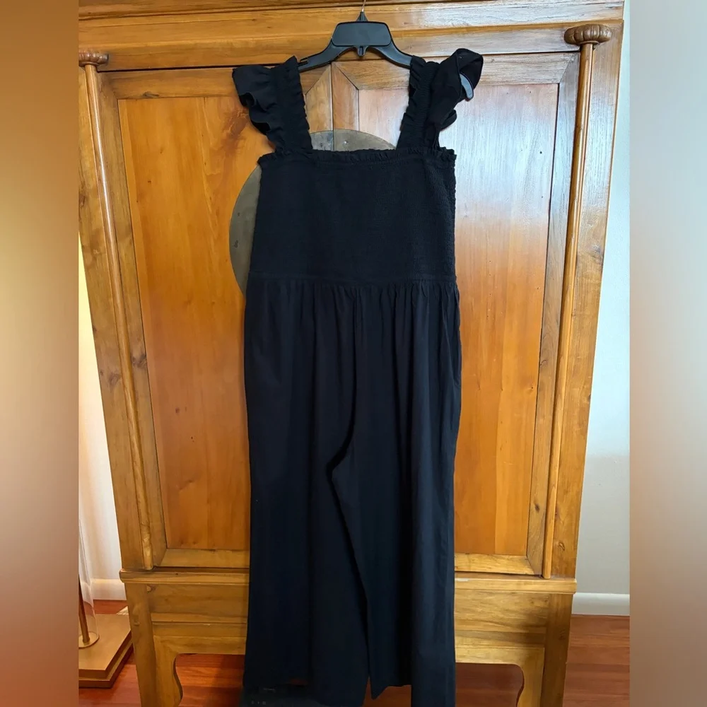 LOFT Beach Ruched Wide Leg Jumpsuit for Black with pockets. 100% cotton - Picture 4 of 14